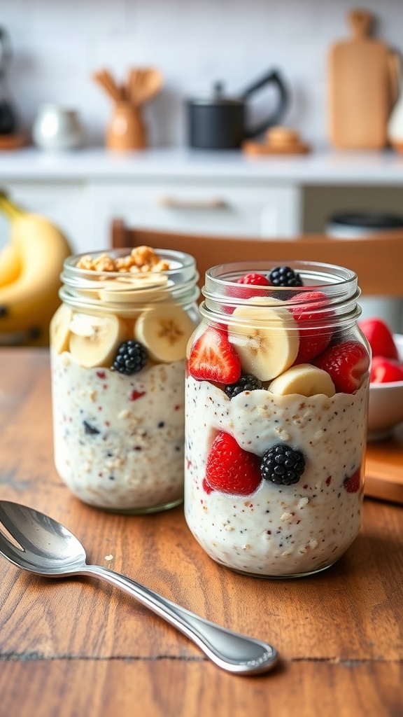 Two jars of overnight oats with berries and nuts on a wooden table.